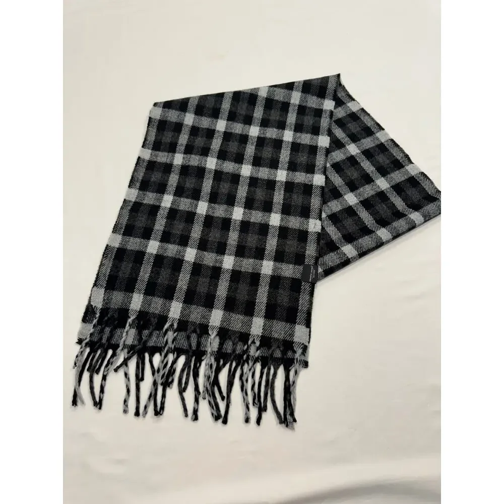 Pronto Uomo Men's Fringe Scarf OS Black Gray White‎ Plaid Acrylic Rectangle